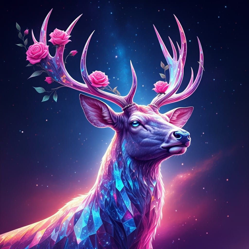 Bioluminescent Crystal Deer with Roses in Galactic Night Sky