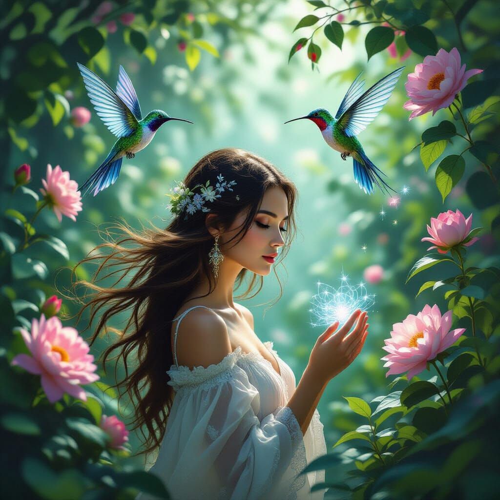 Woman in Bioluminescent Garden with Mechanical Hummingbirds