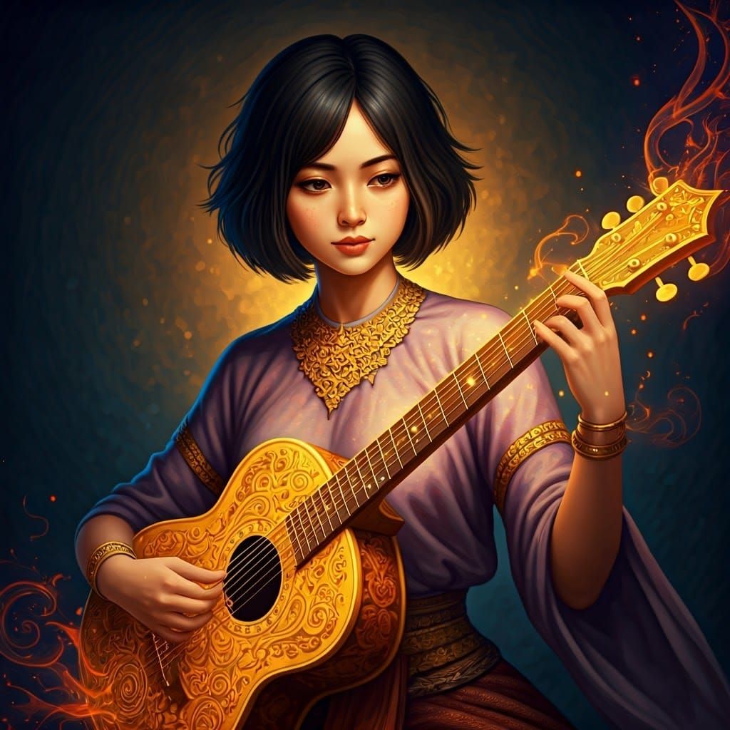Thai Woman Lost in Melodic Reverie on a Mystical Guitar