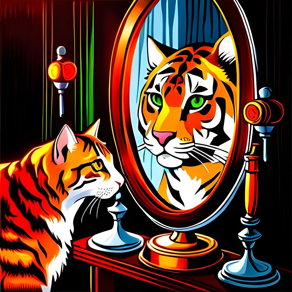 Cat's Reflection: A Tiger in Oil Gouache Style