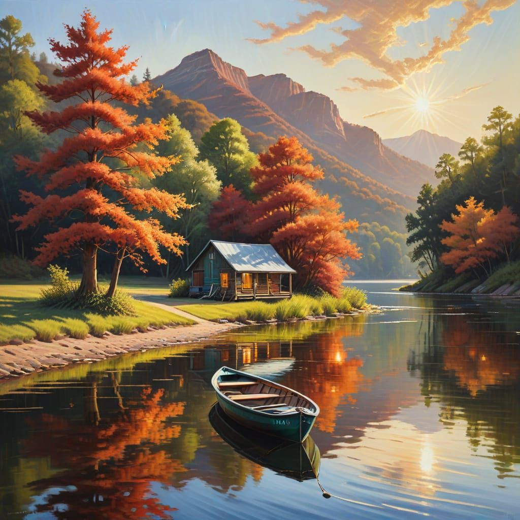 Serene River Landscape Oil Painting with Rowboat and Cabin
