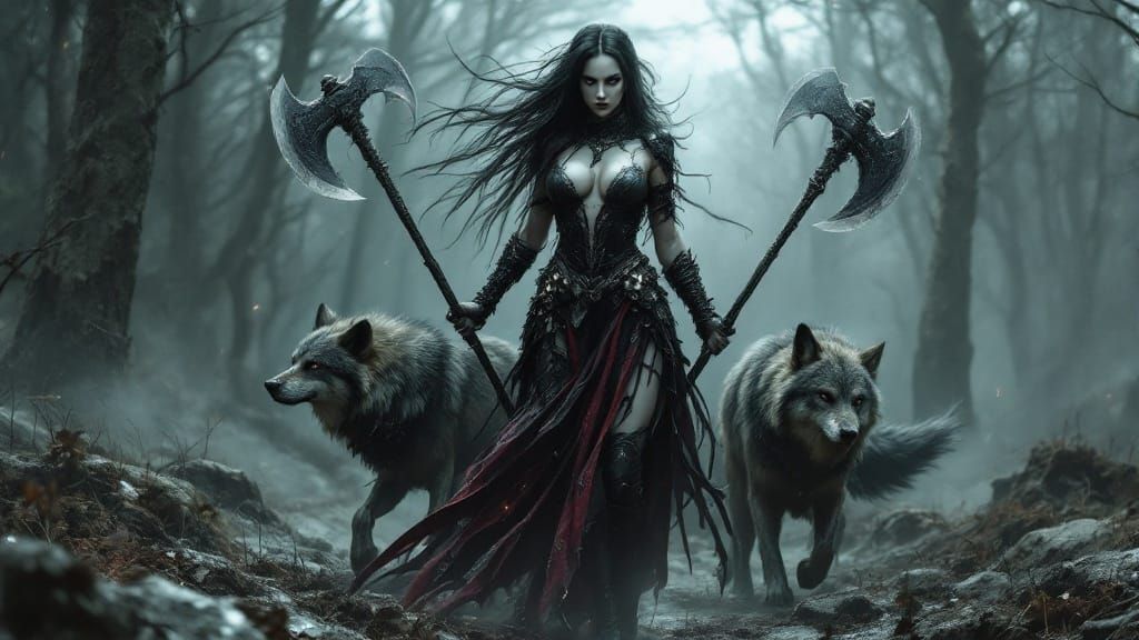 Gothic Warrior Goddess with Wolves by Her Side