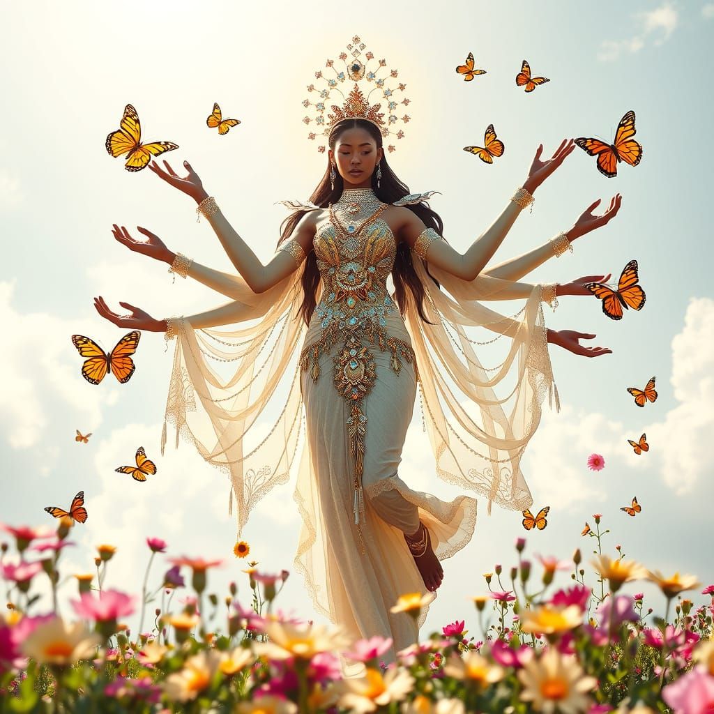 garden of flowers on a sunny day multicolored butterflies...