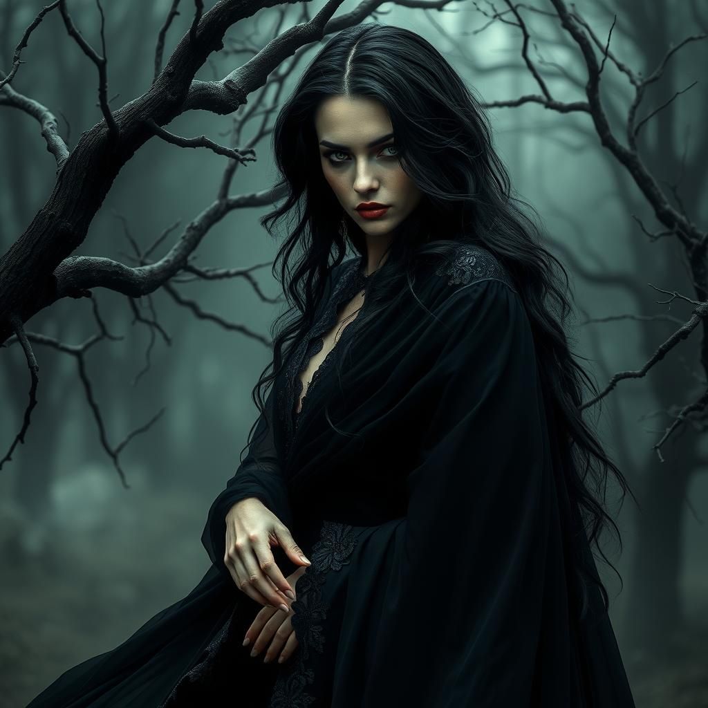 Mysterious Woman in Dark Forest: Digital Art
