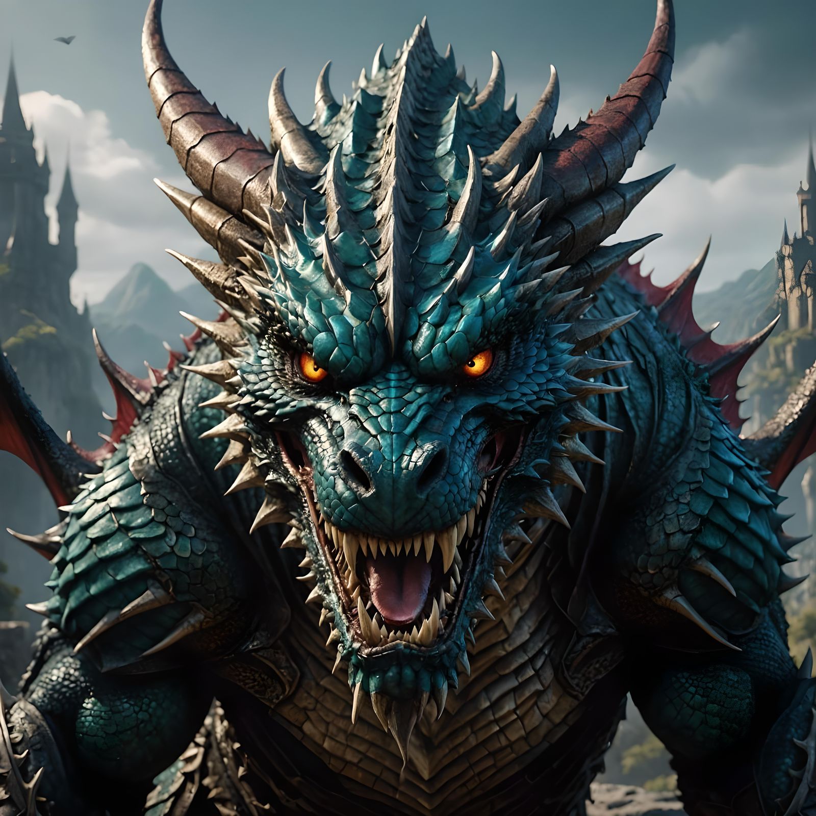 Detailed Dragon Head with Strong Fangs