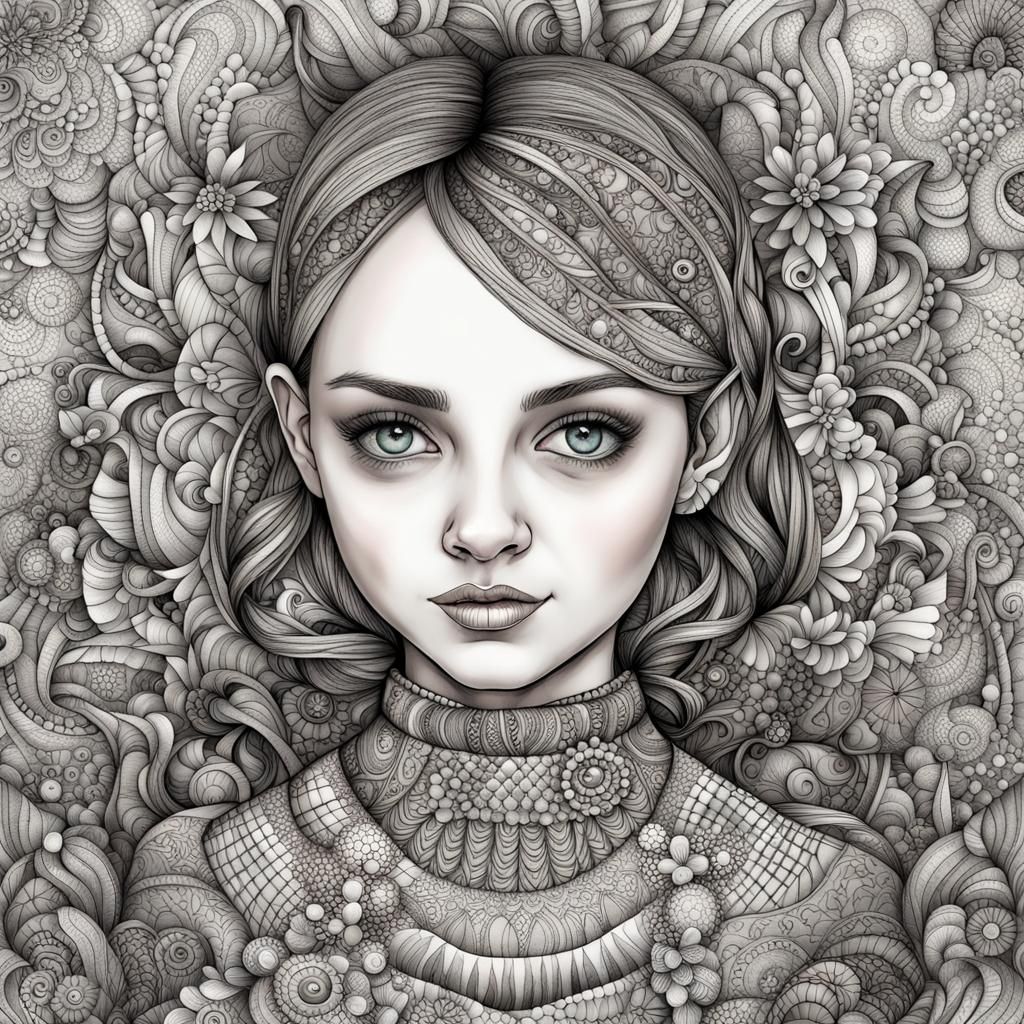 Wednesday Addams Zentangle Line Art in Watercolor