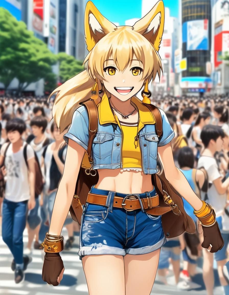 Anime Girl with Wolf Features in Shibuya, Cel-Shaded