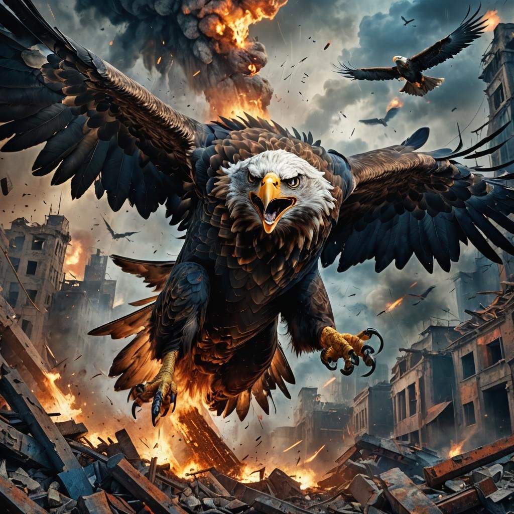 Furious Eagle Screaming Amidst War, Detailed Matte Painting
