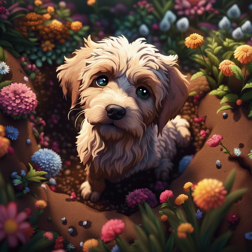 Cute Puppy Digging in an Intricate Garden