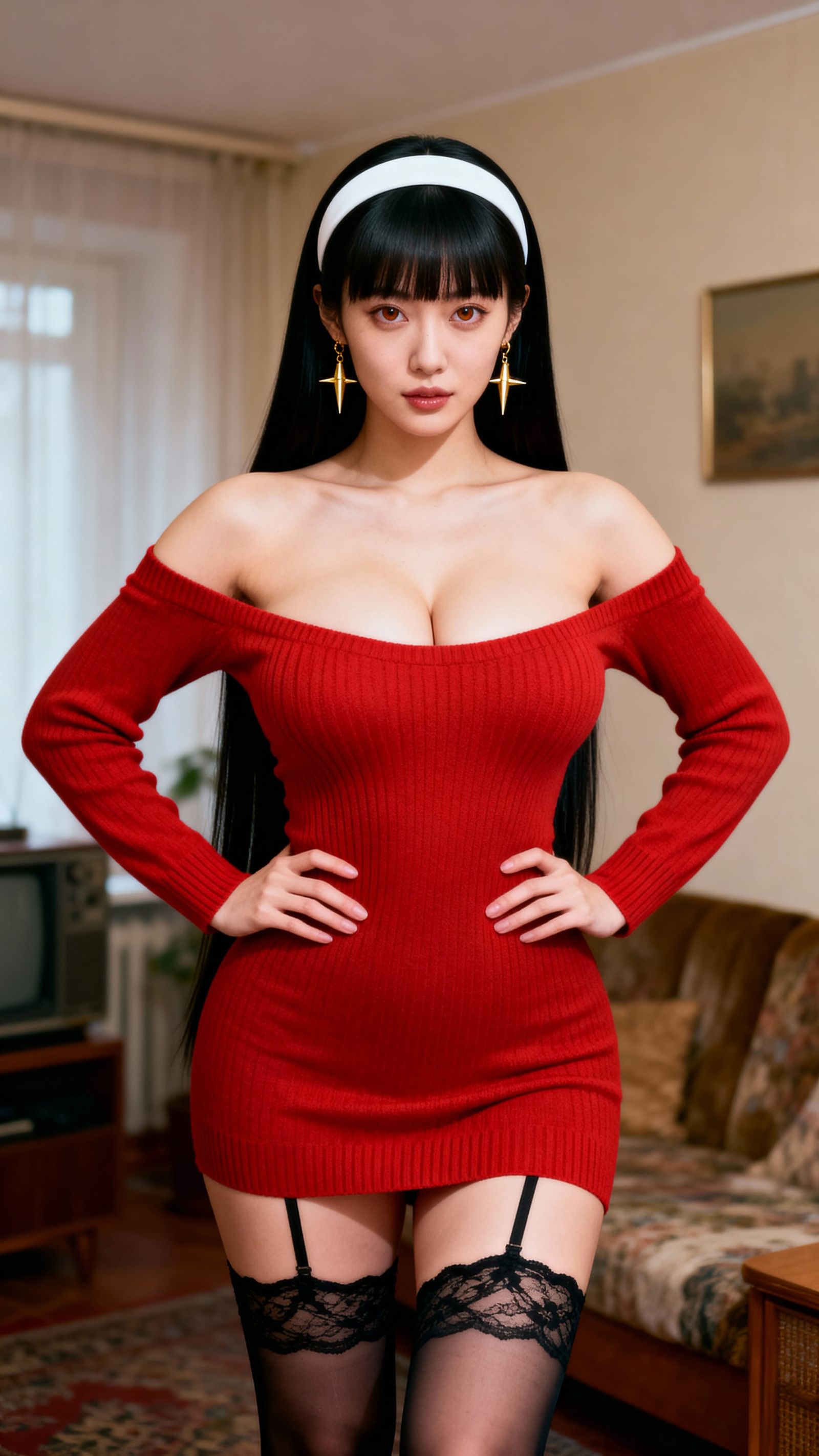 Seductive Yor Forger in 1980s East Berlin Living Room