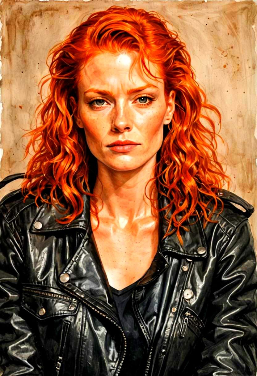 Ginger Haired Woman in Leather Jacket Portrait
