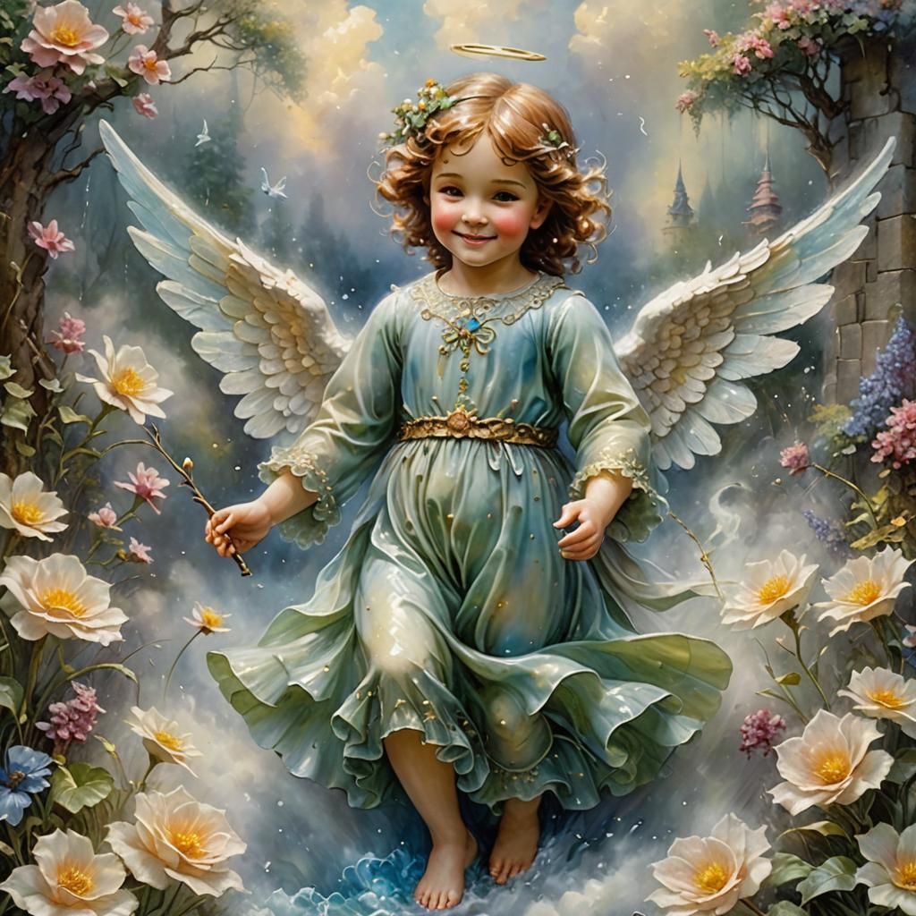 Relief of a beautiful little angel with a smile, full body, protect my dreams. highly detailed, vibrant, realistic,
