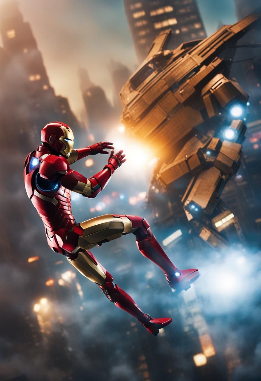 Iron Man in Misty Cityscape: Cinematic Film Still