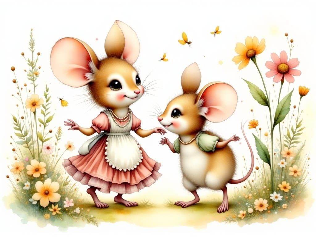 Mice and Flower Waltz in Watercolor Style