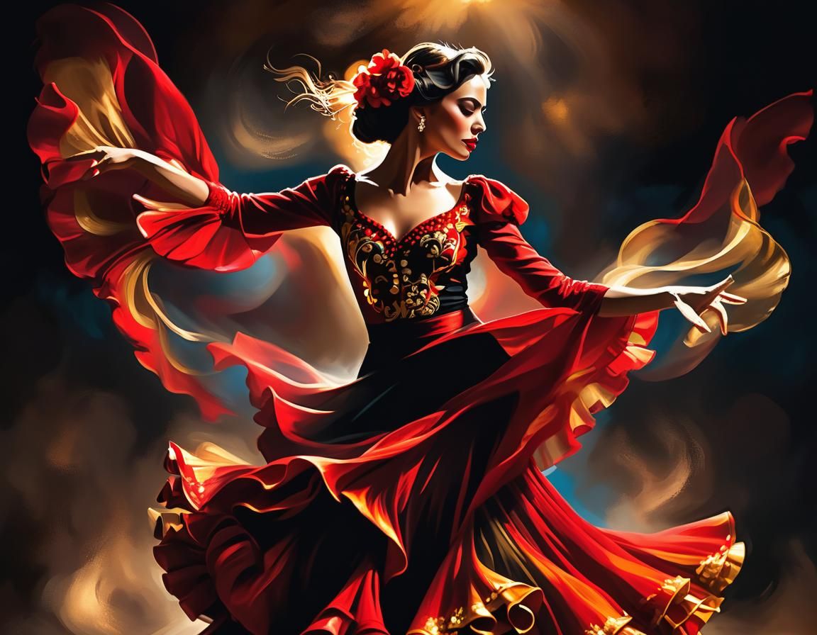 Dramatic Flamenco Dancer Swirling in a Spanish Tablao