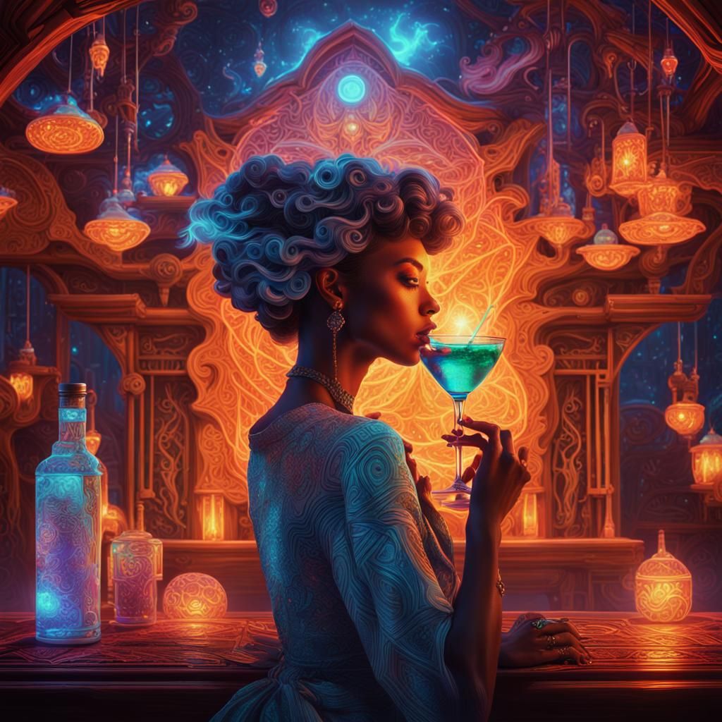 Ethereal Woman Sipping Cocktail in Dreamy Digital Art