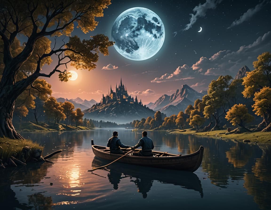 Romantic Moonlit Boat Ride: Fantasy Concept Art