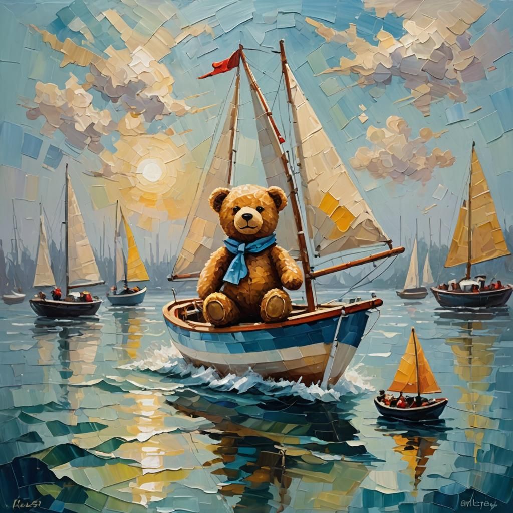 Teddy Bear's Triumphant Voyage: An Oil Painting
