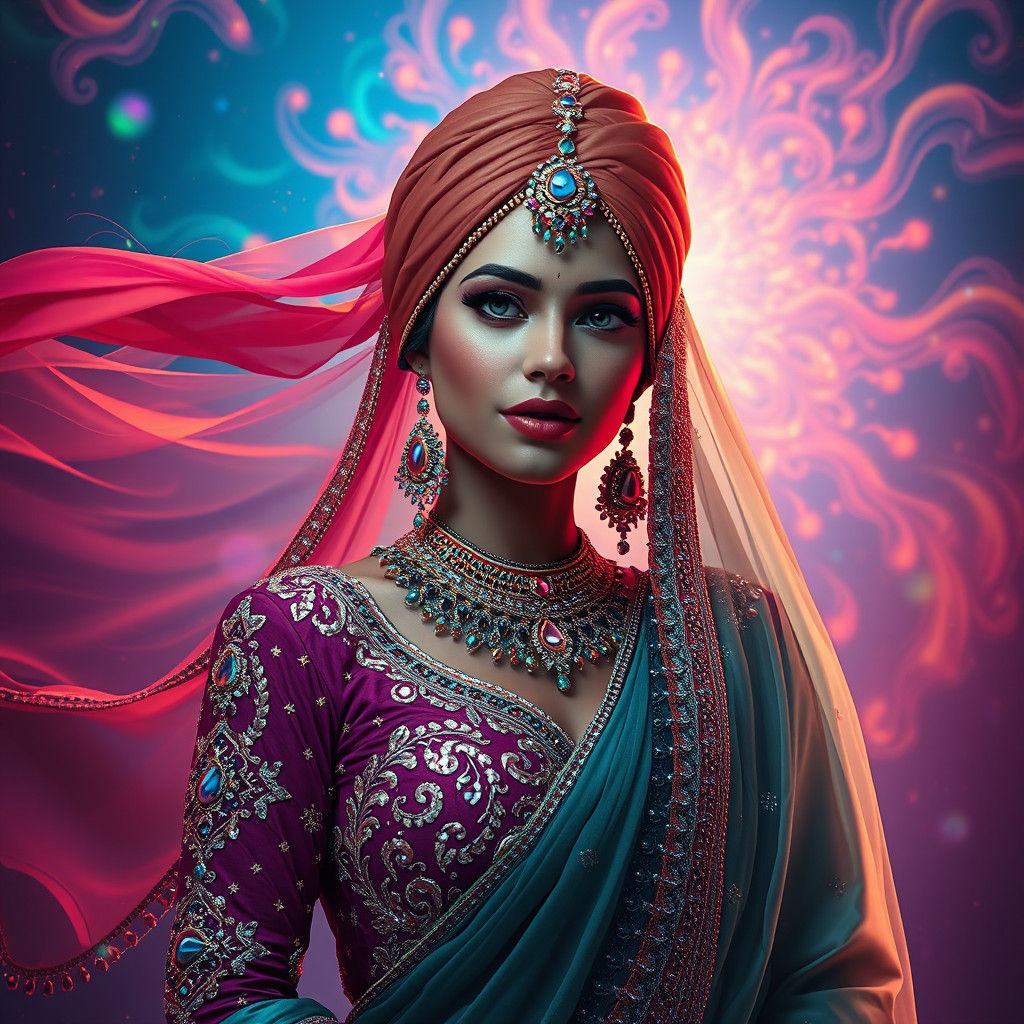 Opulent Punjabi Singer in Dreamlike Sci-Fi Setting