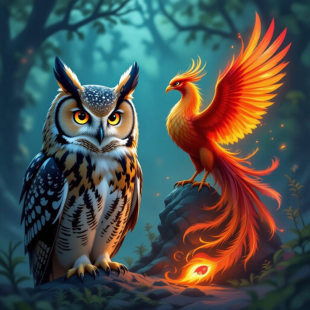 Owl, Phoenix, and Dragon in Dreamlike Fantasy Scene