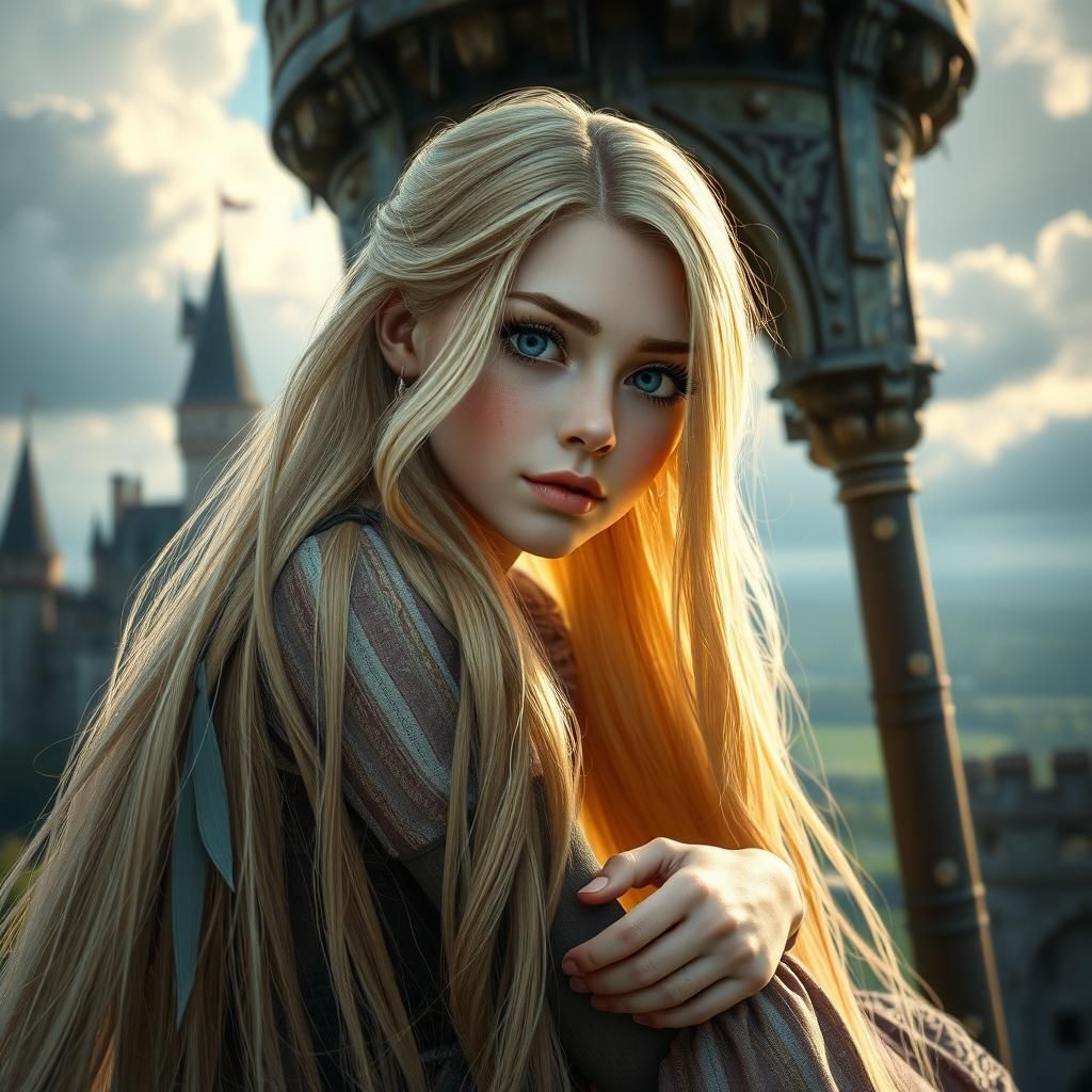 Rapunzel in Tower: Whimsical Photorealistic Portrait