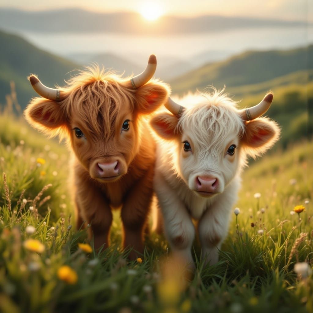 Heartwarming Baby Highland Cows in Sunrise Light
