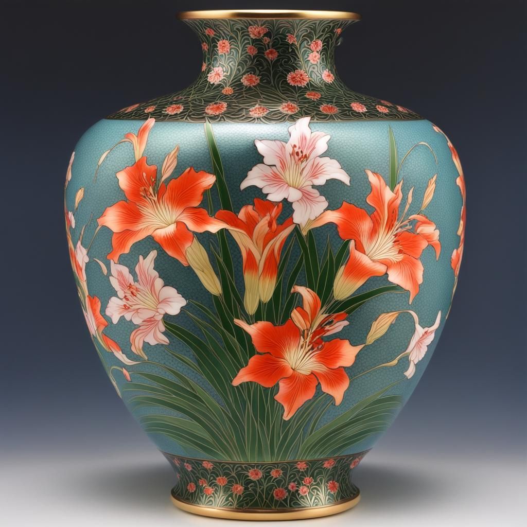 Japanese Cloisonné Vase with Flowers, Volumetric Lighting