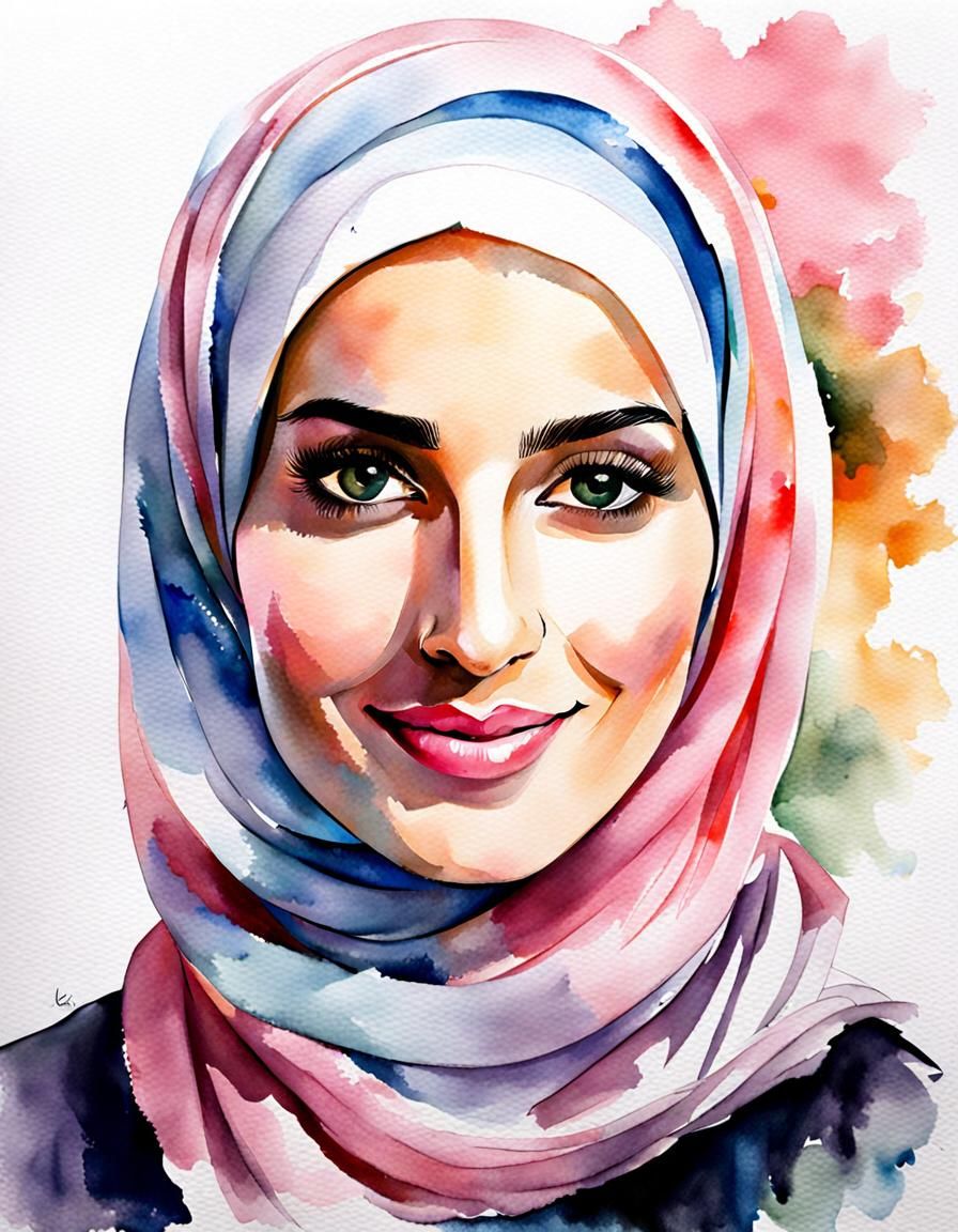 Lovely Hijabi Woman Portrait in Watercolor Style