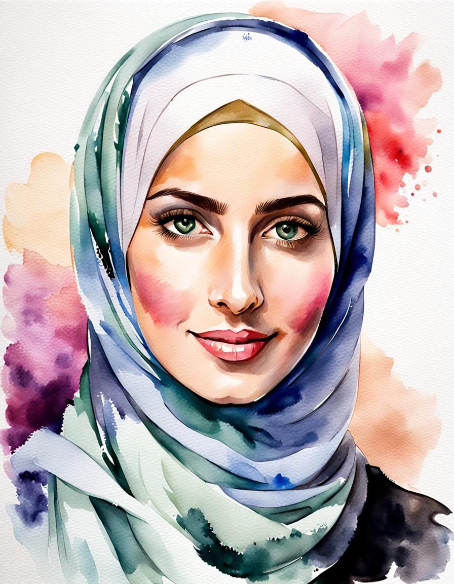 Elegant Hijabi Woman in Soft Watercolor