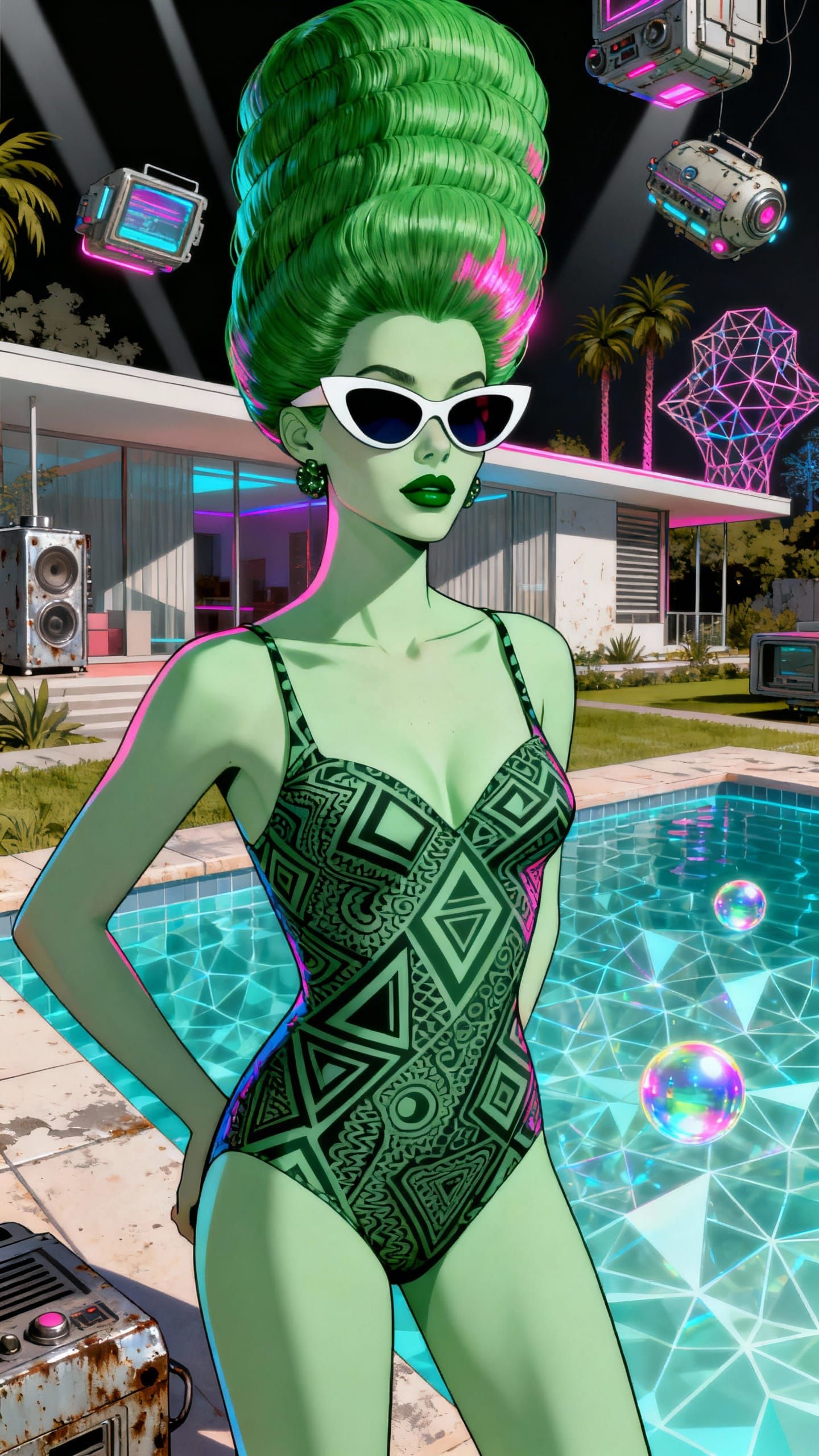 Green Woman in 60s Swimsuit by Poolside