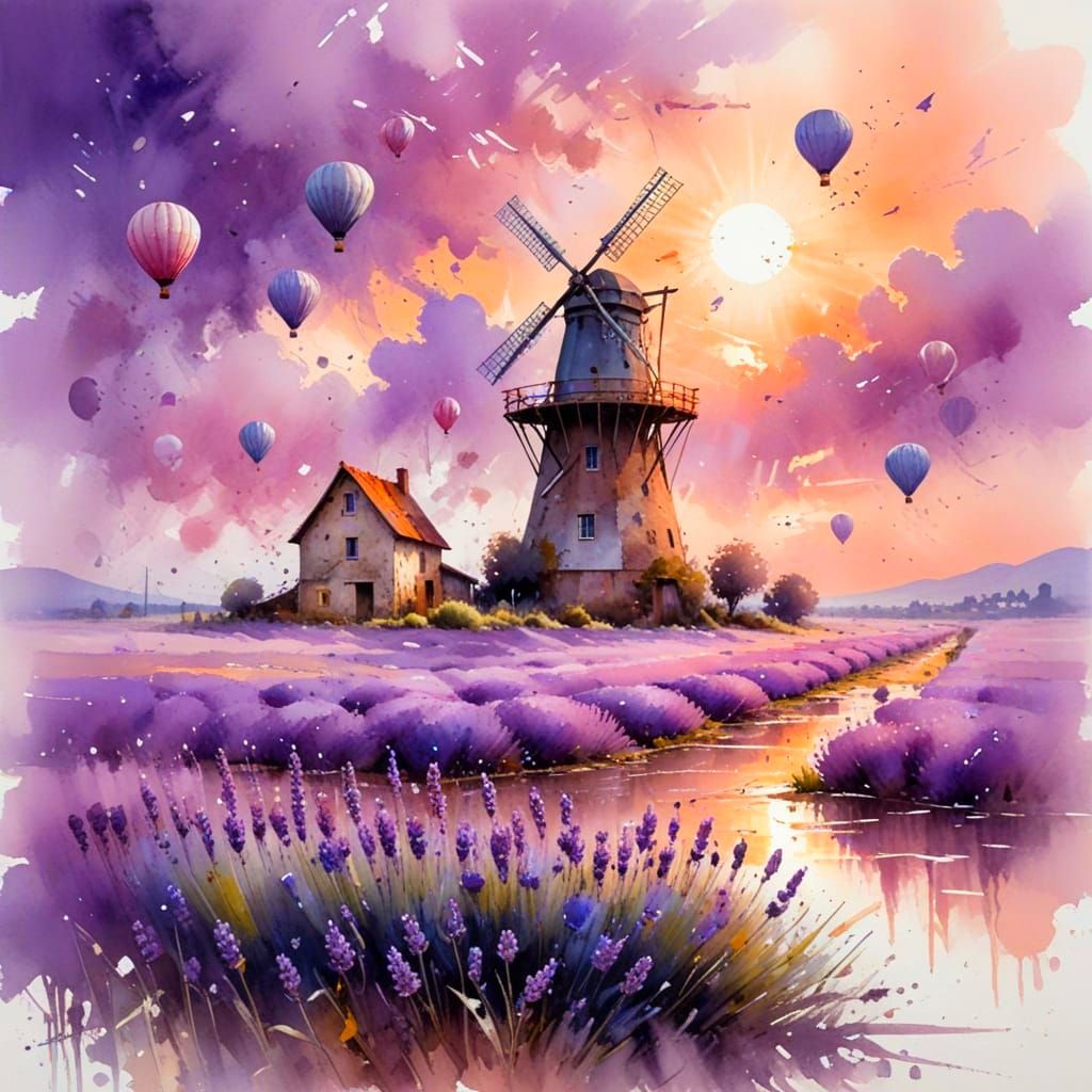 Lavender Field with Balloons in Impressionist Style