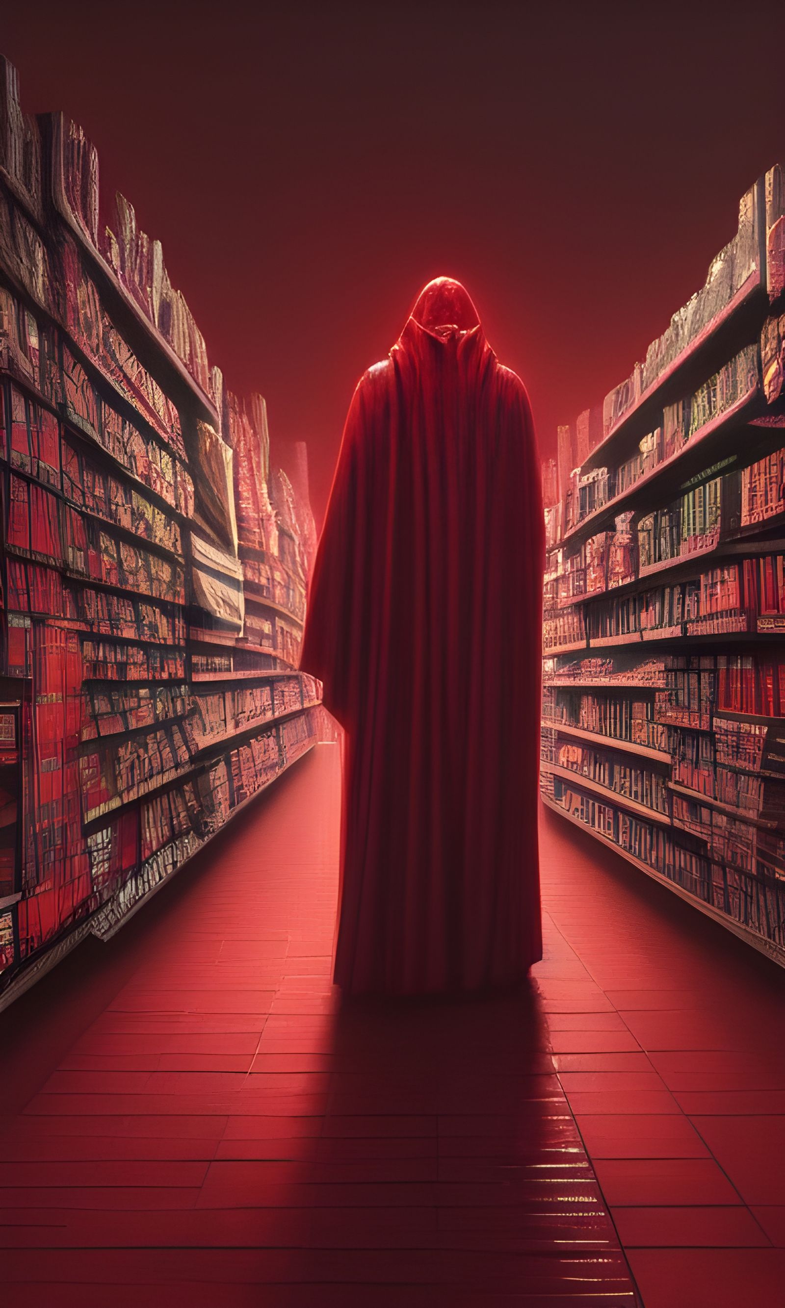 Red Cloak Figure at Supermarket in Romantic Retrowave Art