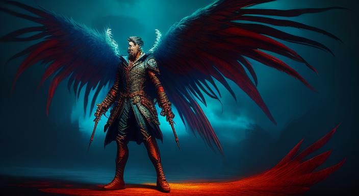 Neon Angel with Red Wings Fantasy Illustration