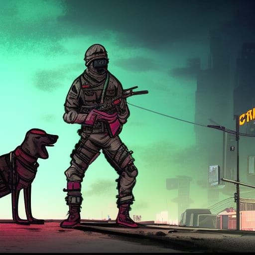 Post-Apocalyptic City: Soldier and Dog in Synthwave Style