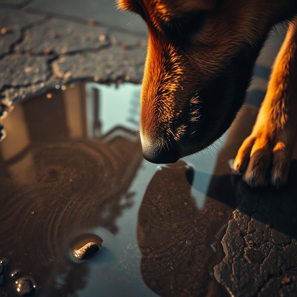 Dog Nose Sniffing Puddle: Gritty Realism