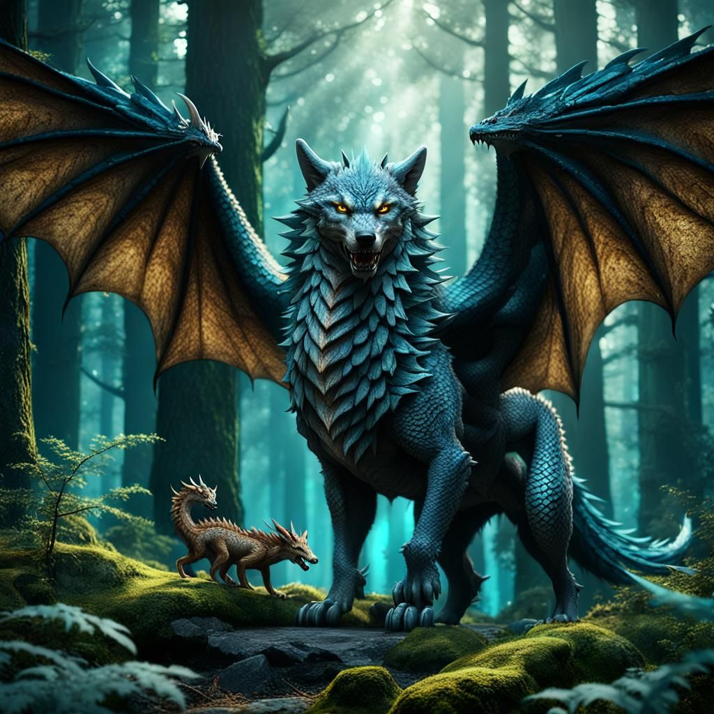 Wolf and Dragon Hybrid in Forest: Fantasy Concept Art