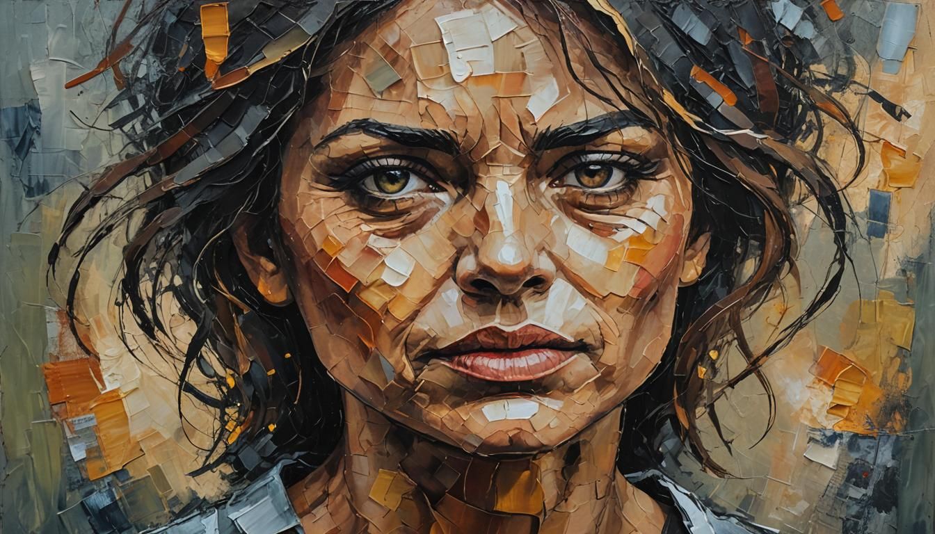 Anguished Female Portrait in Acrylic Impasto Style