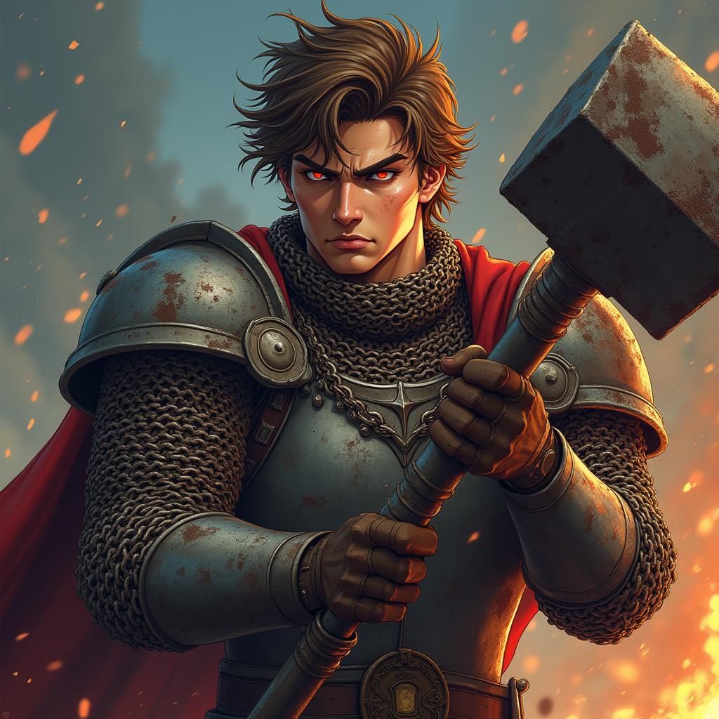 Holy Warrior Readying Warhammer in Anime Style