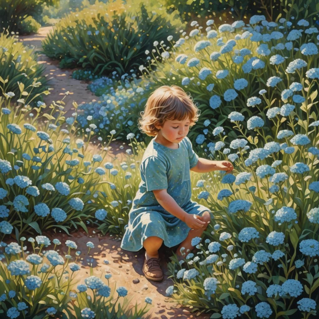 Child in Pointillist Flower Garden with Blue Flowers