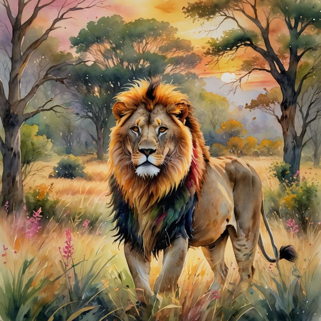 Majestic Lion in Watercolor Sunset Landscape