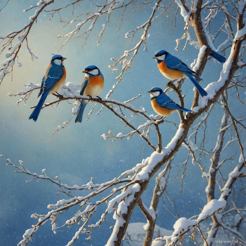 Rolf Armstrong-Inspired Winter Wonderland with Colorful Bird...