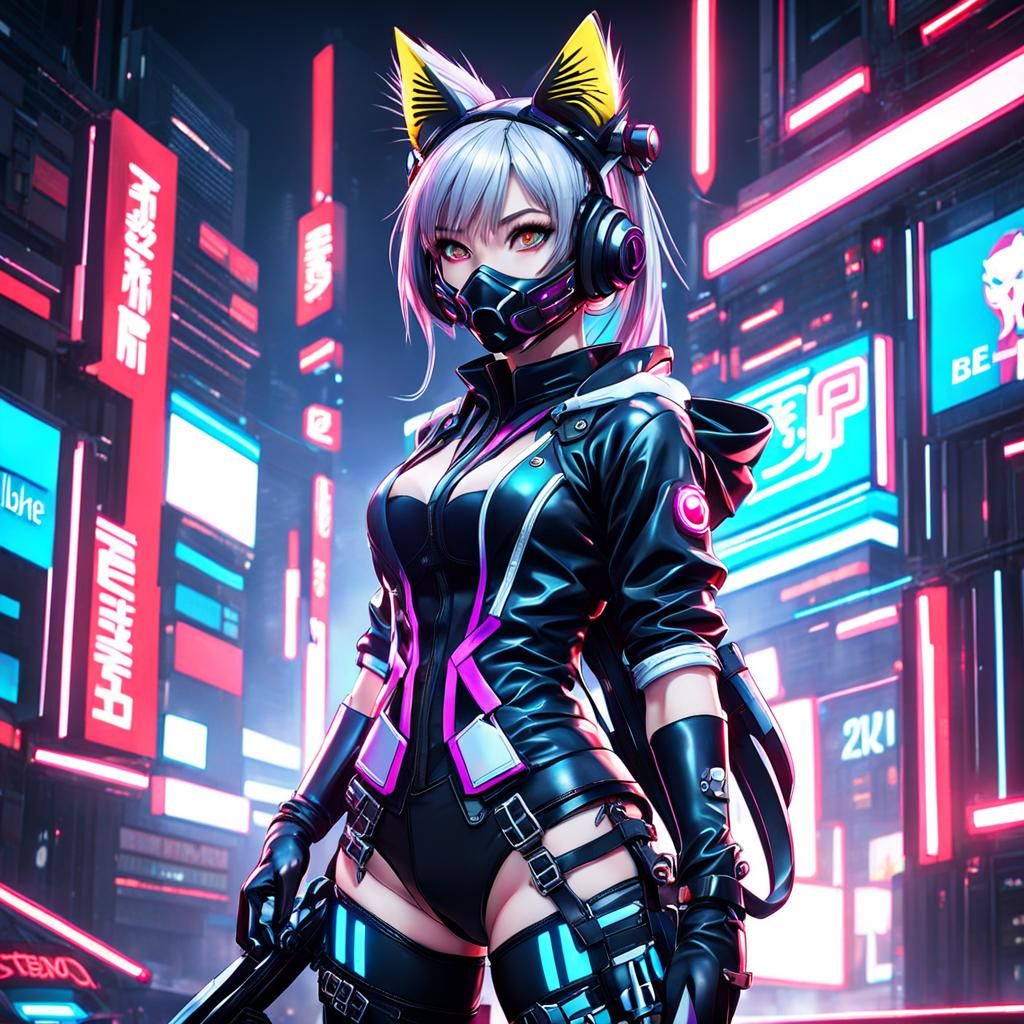 Cyberpunk Anime Catgirl in Latex: 8K Resolution Portrait