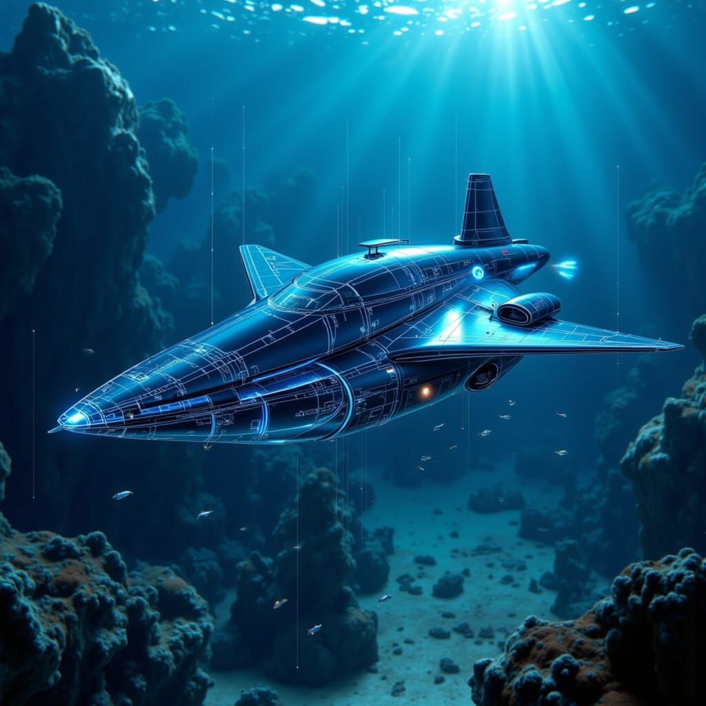 Futuristic Manta Ray AUV in Deep Ocean Schematic Style
