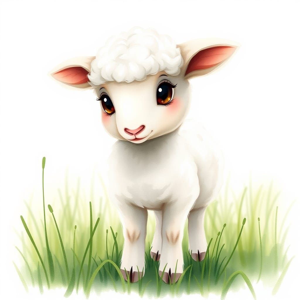 Whimsical Lamb in Meadow, Watercolor Illustration