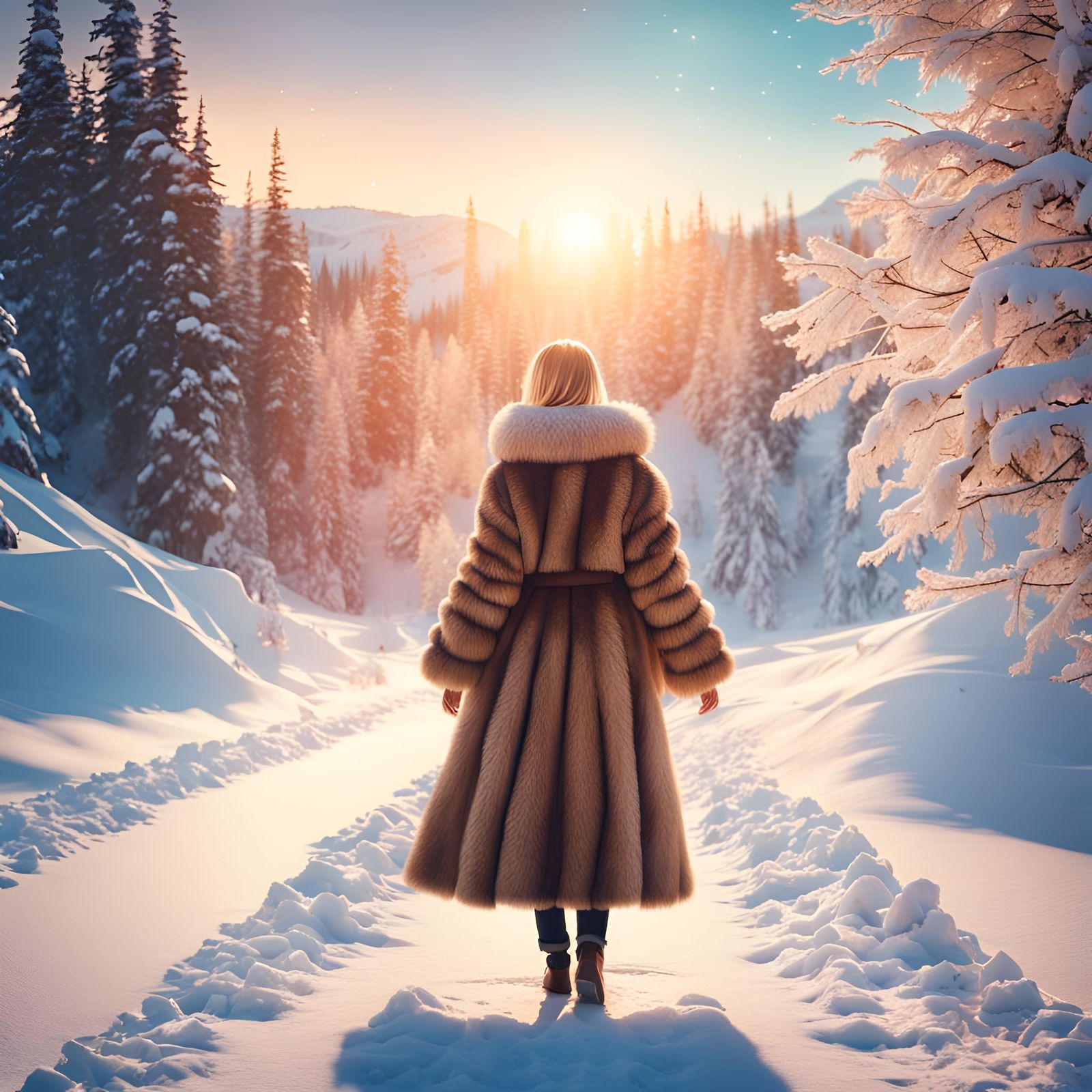 Girl in Fur Coat Waving in Snowy Landscape
