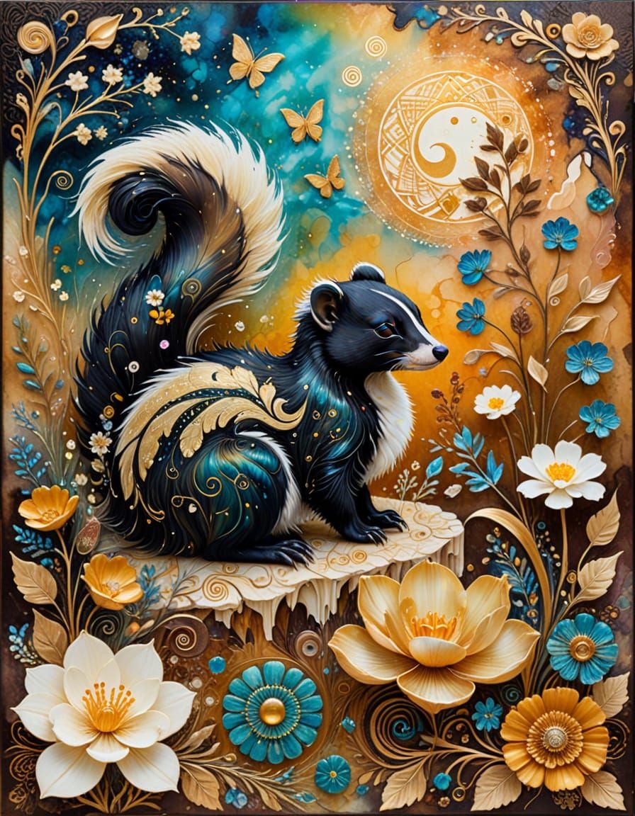 Dreamlike Skunk and Duckling in Surreal Landscape