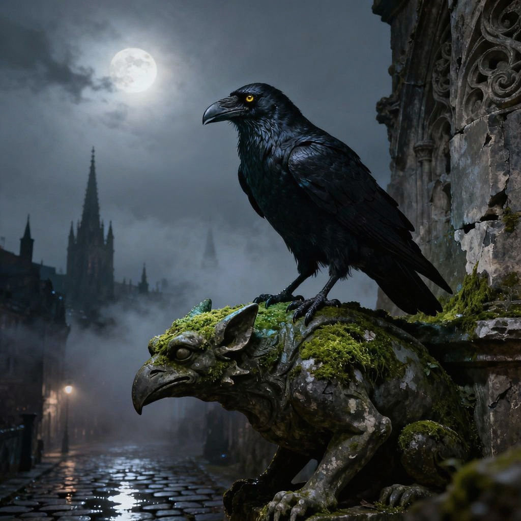 Raven on Gargoyle Overlooking Moonlit City