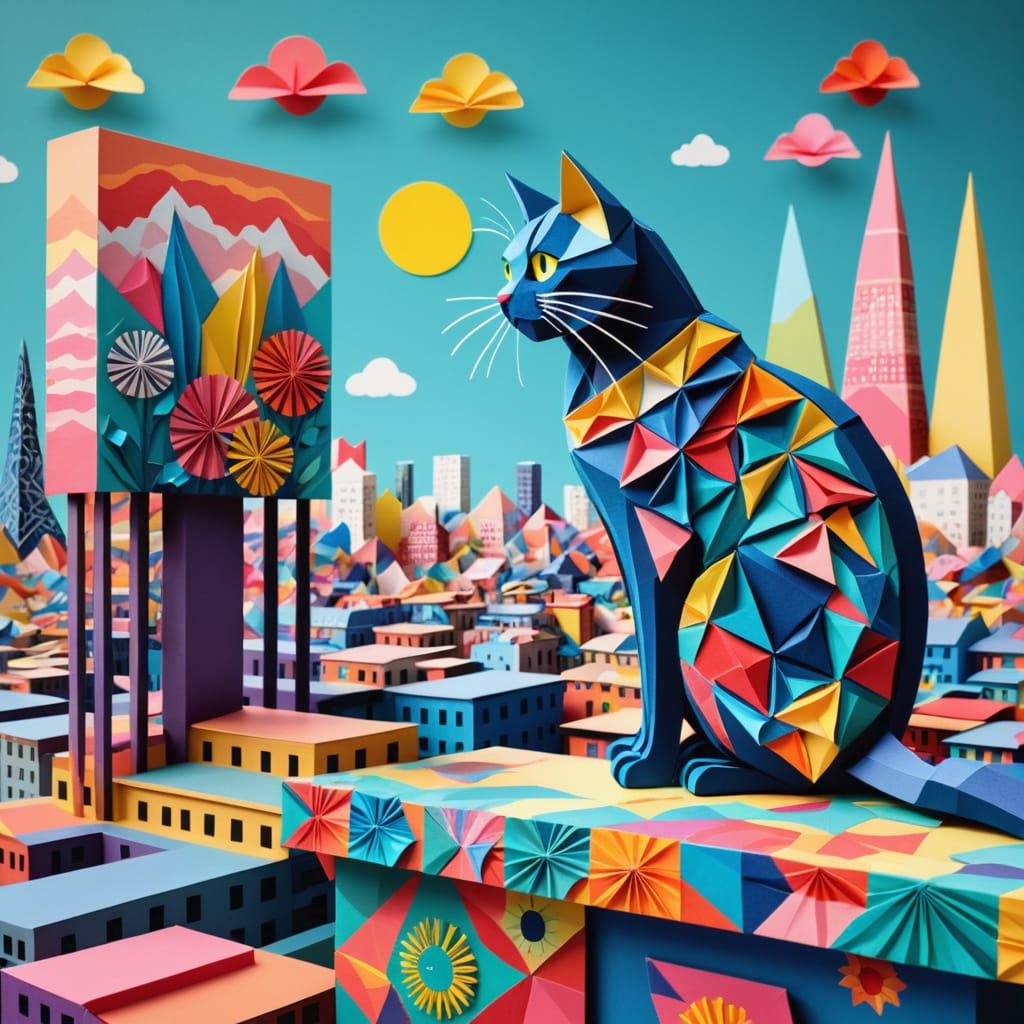 Whimsical Origami Cat Billboard Diorama in Dreamlike Citysca...