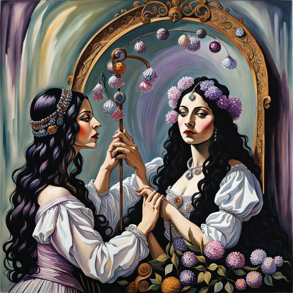 Surreal Witch in Lilac and Silver Gouache Painting