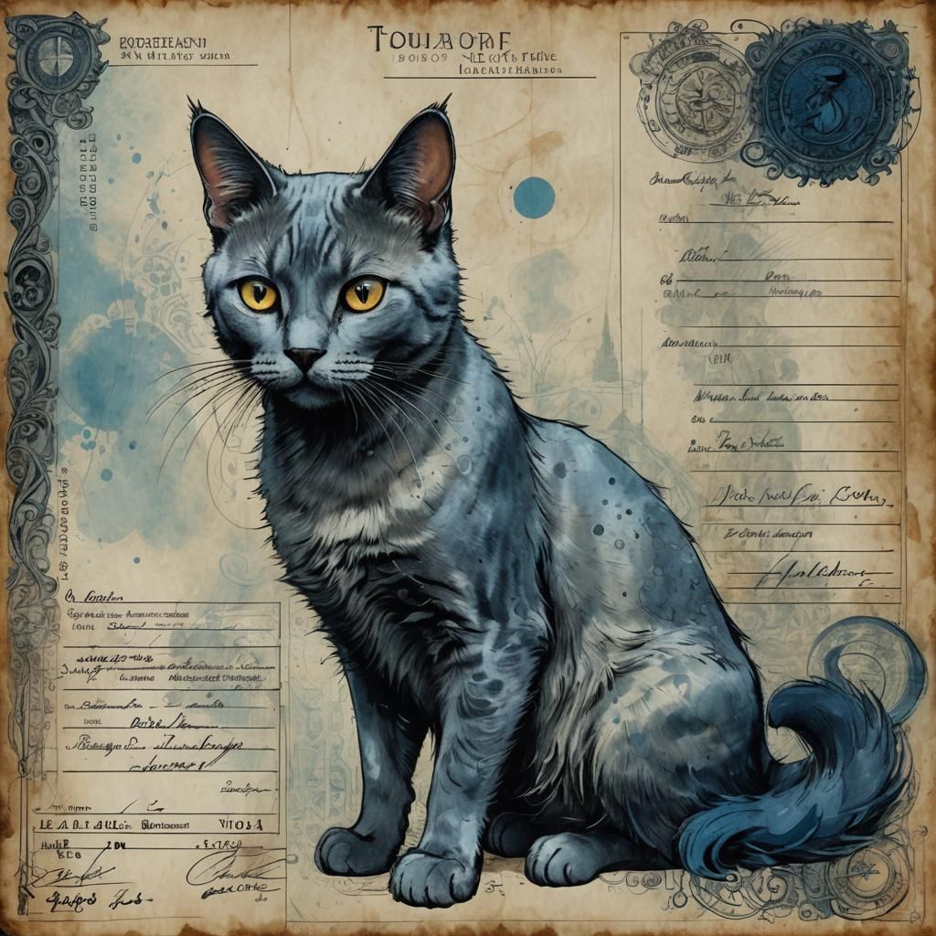 Russian Blue Cat Illustration on Vintage Invoice